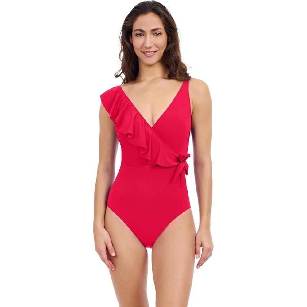 Profile by Gottex Tutti Frutti Size 14 Red Rose V-Neck Ruffle One Piece Swimsuit